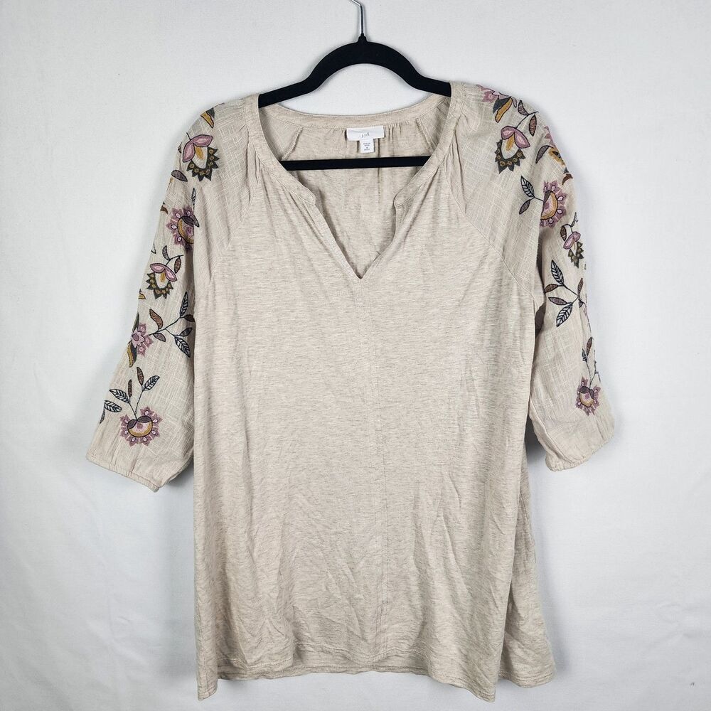 J. Jill Women's Beige‎ Peasant Gauze ¾ Sleeves Embroidered Size Medium Petite